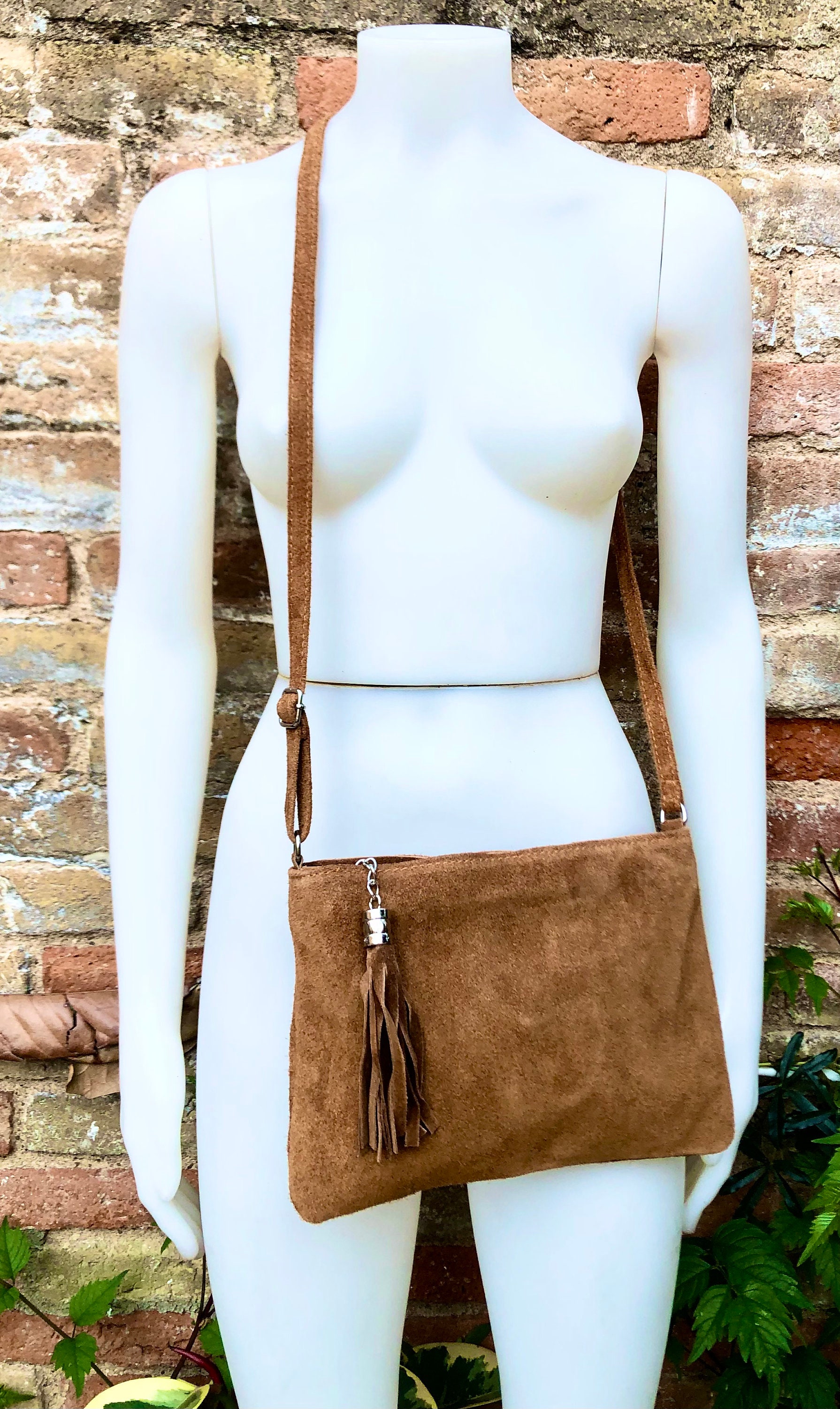 CAMEL BROWN Suede Leather Bag. GENUINE Leather Small