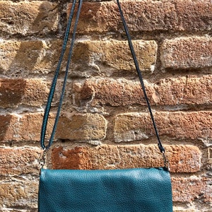 Small leather bag in teal BLUE-GREEN. Crossbody or shoulder bag in GENUINE leather. Blue purse with adjustable strap, flap and zipper. image 9