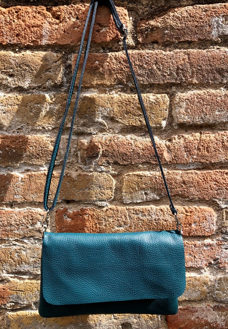 Small leather bag in teal BLUE-GREEN. Crossbody or shoulder bag in GENUINE leather. Blue purse with adjustable strap, flap and zipper. image 9