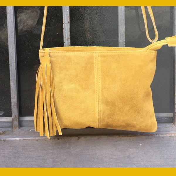 Suede leather bag in MUSTARD  YELLOW .Cross body bag, shoulder bag in GENUINE  leather. Small leather bag with adjustable strap and zipper.