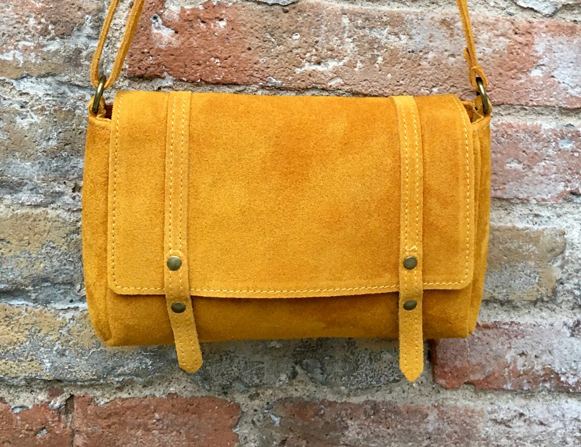 Suede leather bag in MUSTARD YELLOW. Crossbody bag in GENUINE Etsy