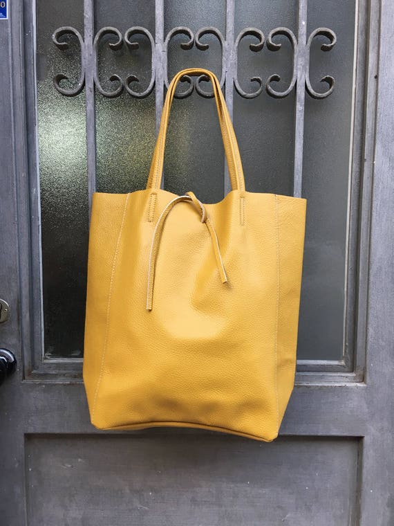 Yellow Genuine Leather Large Tote Bag For Travel