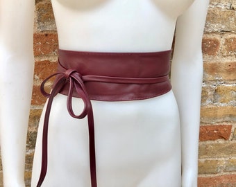 Wraparound belt in soft leather. Burgundy wrap belt. Longer option. Genuine leather wine red belt. Boho dress belt, dark red leather sash