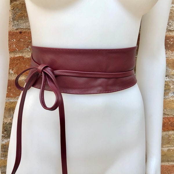 Wraparound belt in soft leather. Burgundy wrap belt. Longer option. Genuine leather wine red belt. Boho dress belt, dark red leather sash