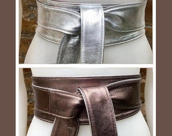 2 sided BRONZE - SILVER obi belt. Soft genuine leather wrap belt. Wide wraparound waist belt. Boho dress belt in metallic effect leather.