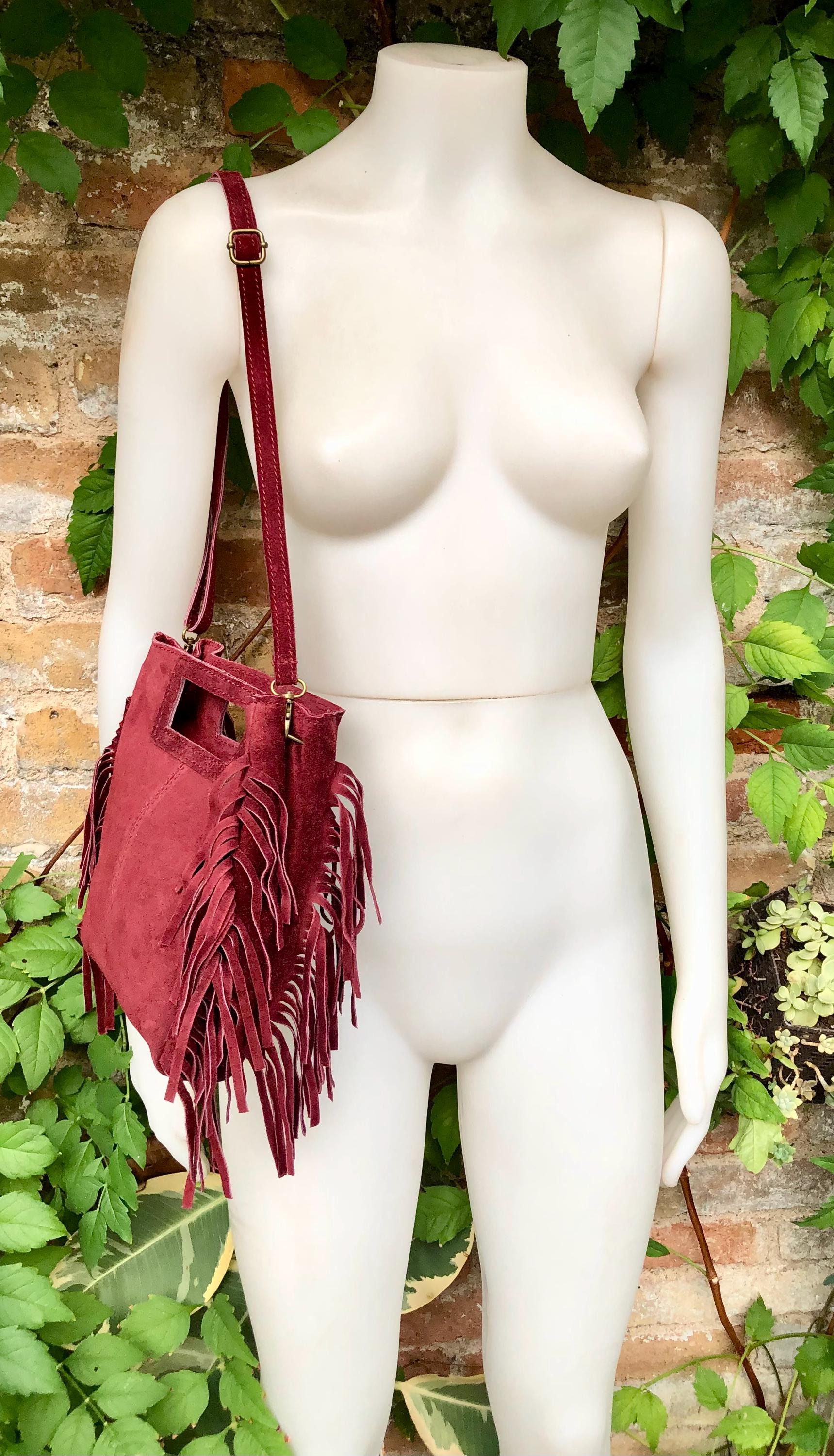 Burgundy Crossbody Fringed Bag. BOHO Suede Leather Bag With