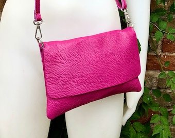 BOHO crossbody suede leather bag in fuchsia pink. Soft genuine