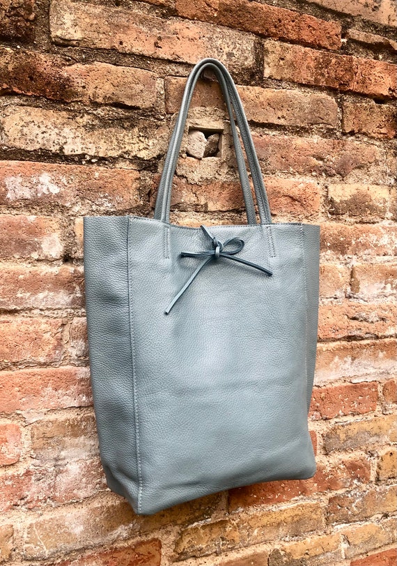 Tote Leather Bag in Blue - Gray With ZIPPER. GENUINE Leather