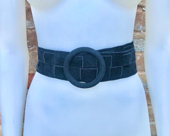 BLACK Waist Belt With Large Round Buckle. Boho Soft Suede 