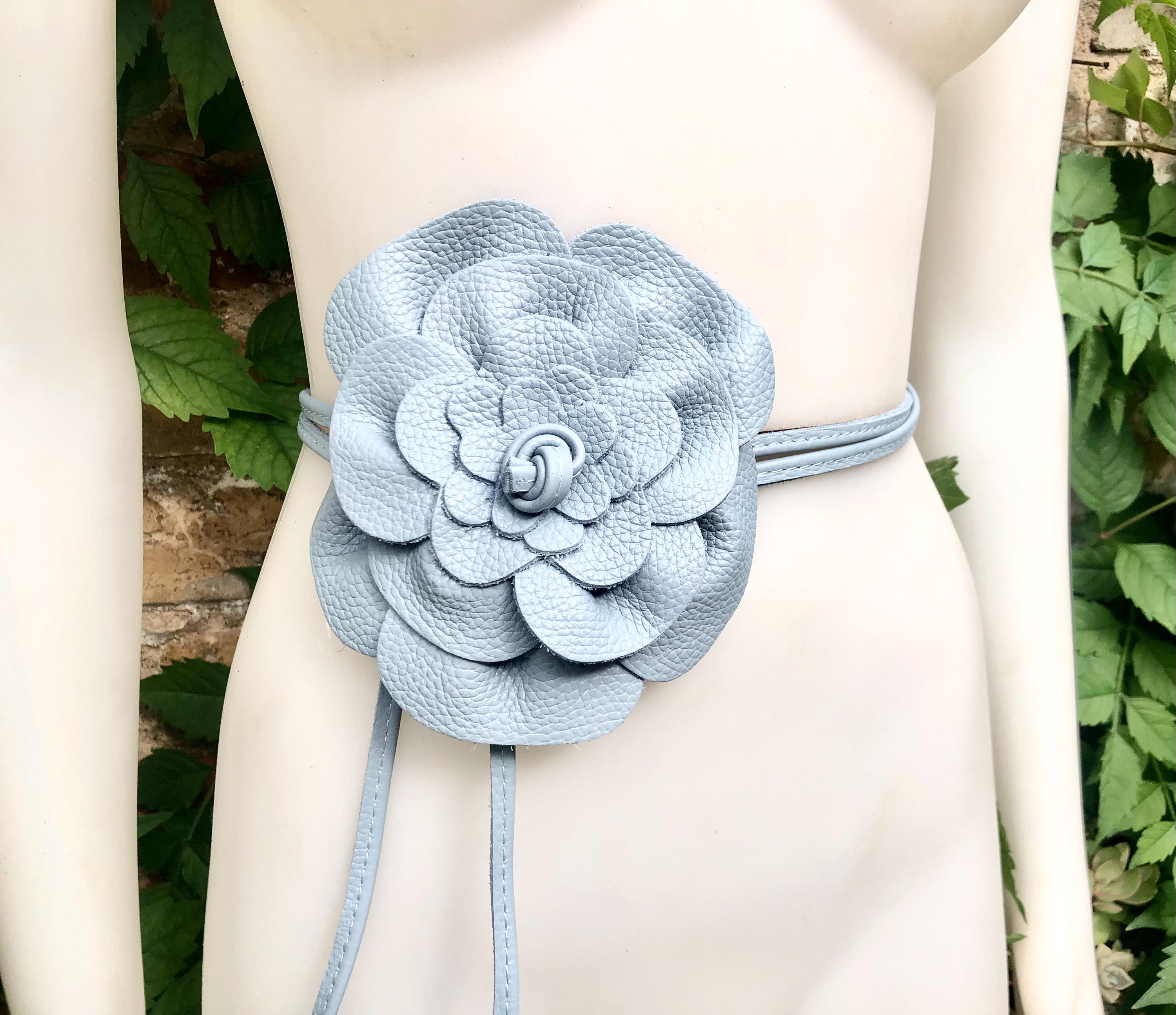 Flower Leather Belt in Light Blue - Gray. Waist, Overall or  display picture 2