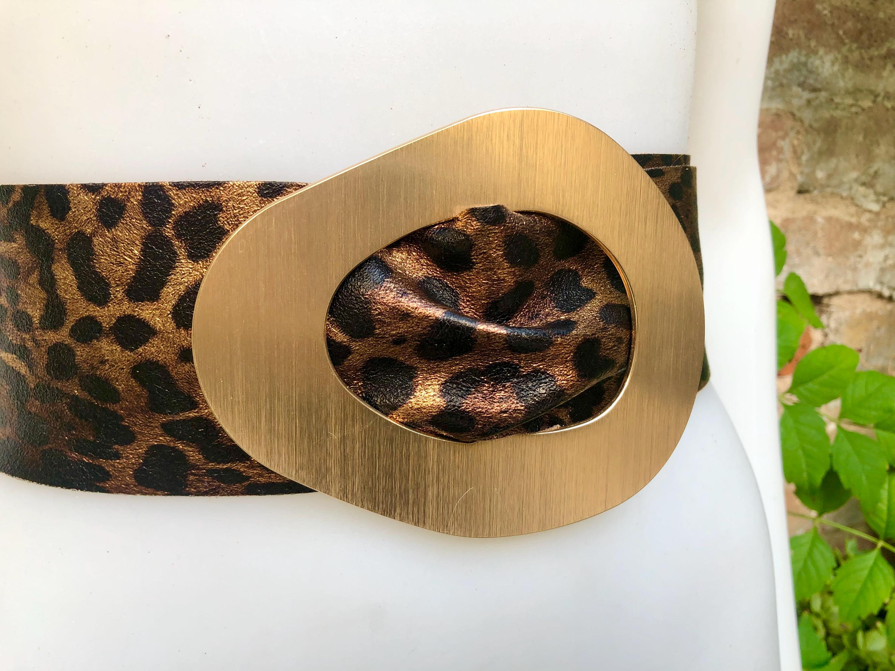 関税なし 送料無料 Leopard-Panel Belt Vintage Leopard Print Leather Belt, Silver Buckle Brown