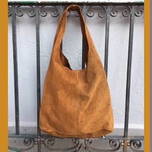 Slouch bag.Large TOTE leather bag in  CAMEL brown. Genuine leather bag. Light tobacco color laptop bags in suede.