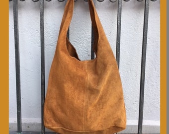 Slouch bag.Large TOTE leather bag in  CAMEL brown. Genuine leather bag. Light tobacco color laptop bags in suede.