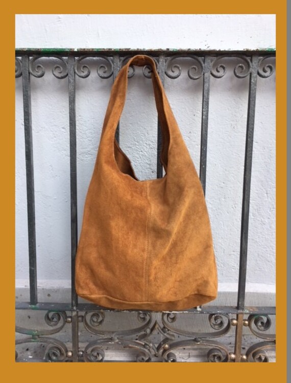 Slouch bag.Large Tote Leather Bag in Camel BROWN. Genuine Leather Bag. Light Tobacco Color Laptop Bags in Suede.