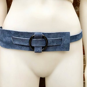 Boho 70s , 80s style BLUE-GRAY suede obi belt. Wrap belt in natural soft suede. waist belt. BLUE wraparound belt in genuine leather