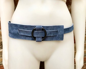 Boho 70s , 80s style BLUE-GRAY suede obi belt. Wrap belt in natural soft suede. waist belt. BLUE wraparound belt in genuine leather