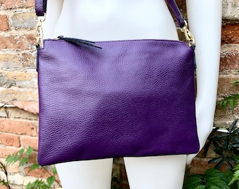 PURPLE leather bag. GENUINE  leather cross body / shoulder bag. PURPLE leather purse with adjustable strap + zipper. Soft leather messenger