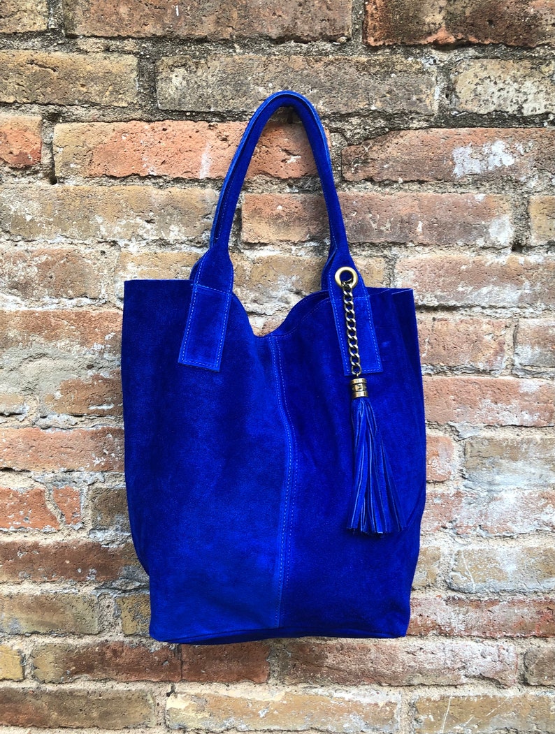 Cobalt BLUE Leather Shopper Bag in Genuine Suede. Slouchy BLUE Carry ...