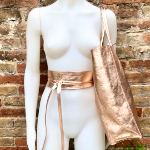 GOLDEN PINK leather tote bag + wrap belt. GENUINE leather bag + belt set. Leather shopper bag. Metallic shine leather pink purse + waistbelt