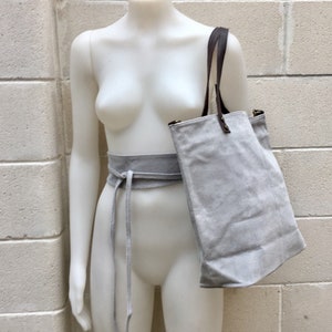 Large TOTE leather bag in light GRAY. Soft natural suede bag. Genuine leather shopper. Laptop or book bag in suede. Large crossbody bag. image 7