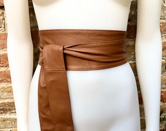 CAMEL BROWN obi belt. Wrap belt in soft genuine leather. Wraparound waist belt. Wide style. Boho dress belt in TOBACCO/saddle brown leather