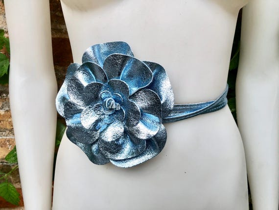 Flower Leather Belt in Metallic LIGHT BLUE. Waist, Overall or