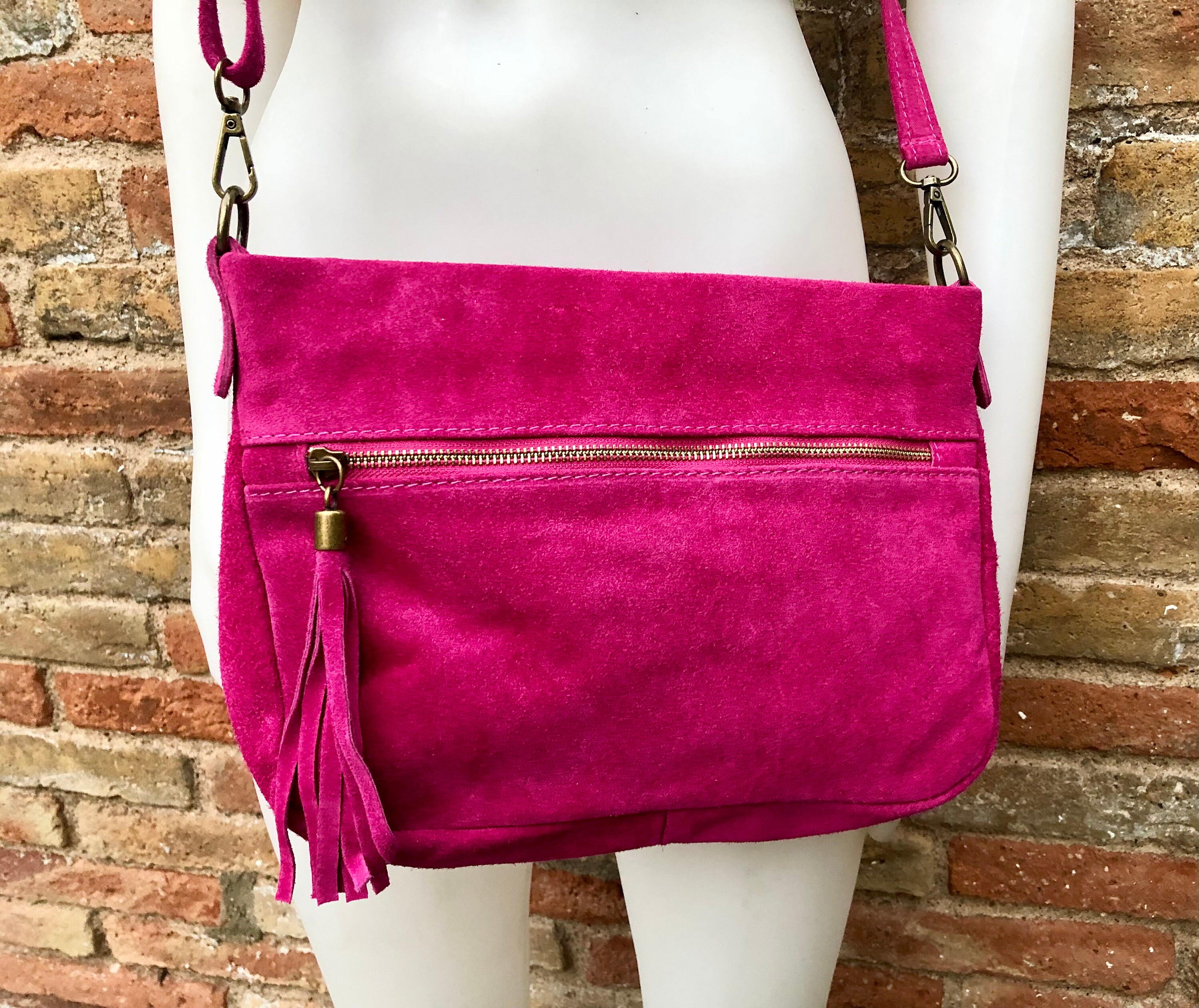BOHO Crossbody Suede Leather Bag in Fuchsia Pink. Soft Genuine Leather Purse With Tassel. Hot Pink Suede Messenger Bag. Magenta Suede Bag Etsy