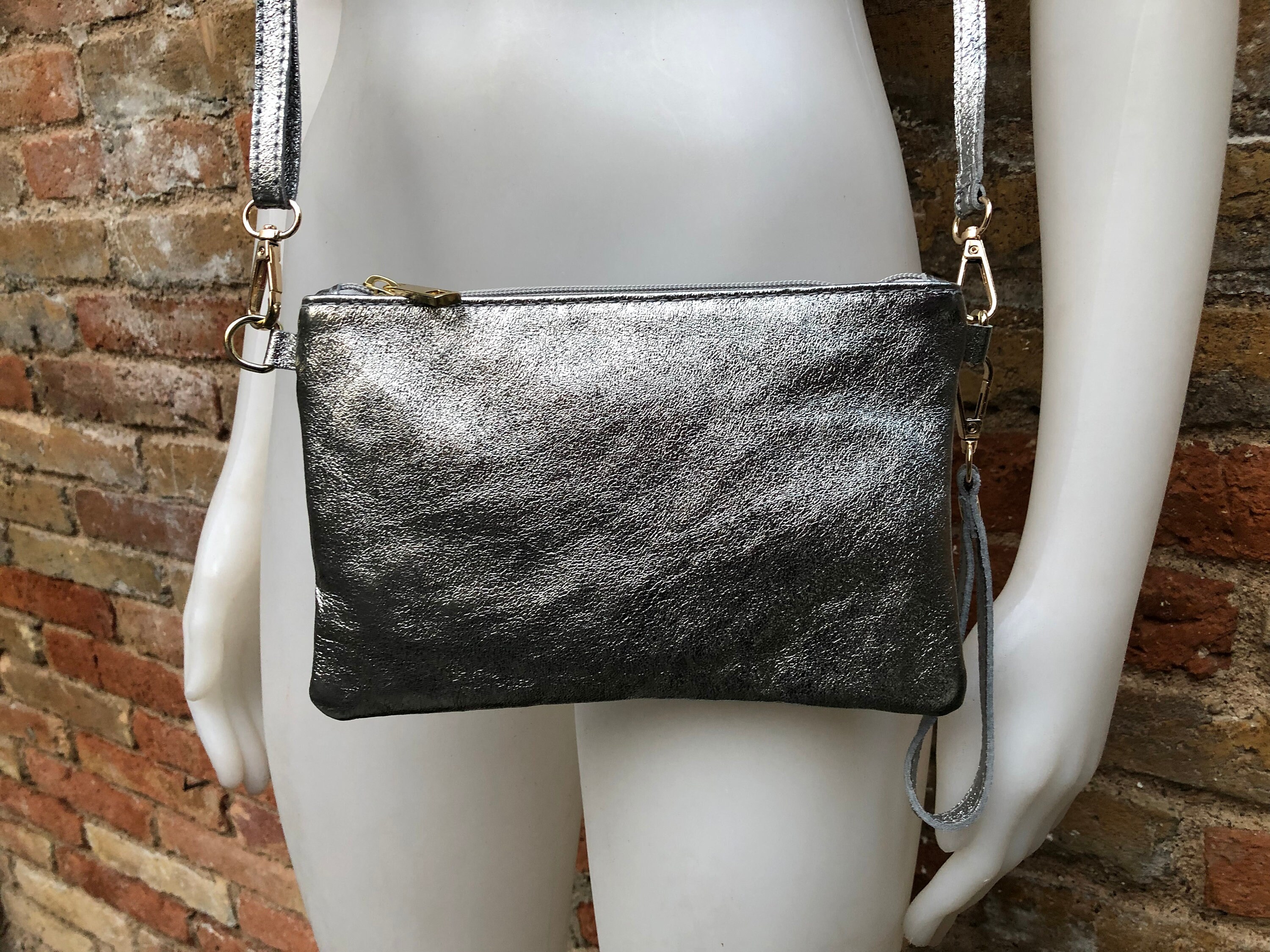 Small Leather Bag in SILVER .cross Body Bag Shoulder Bag / 