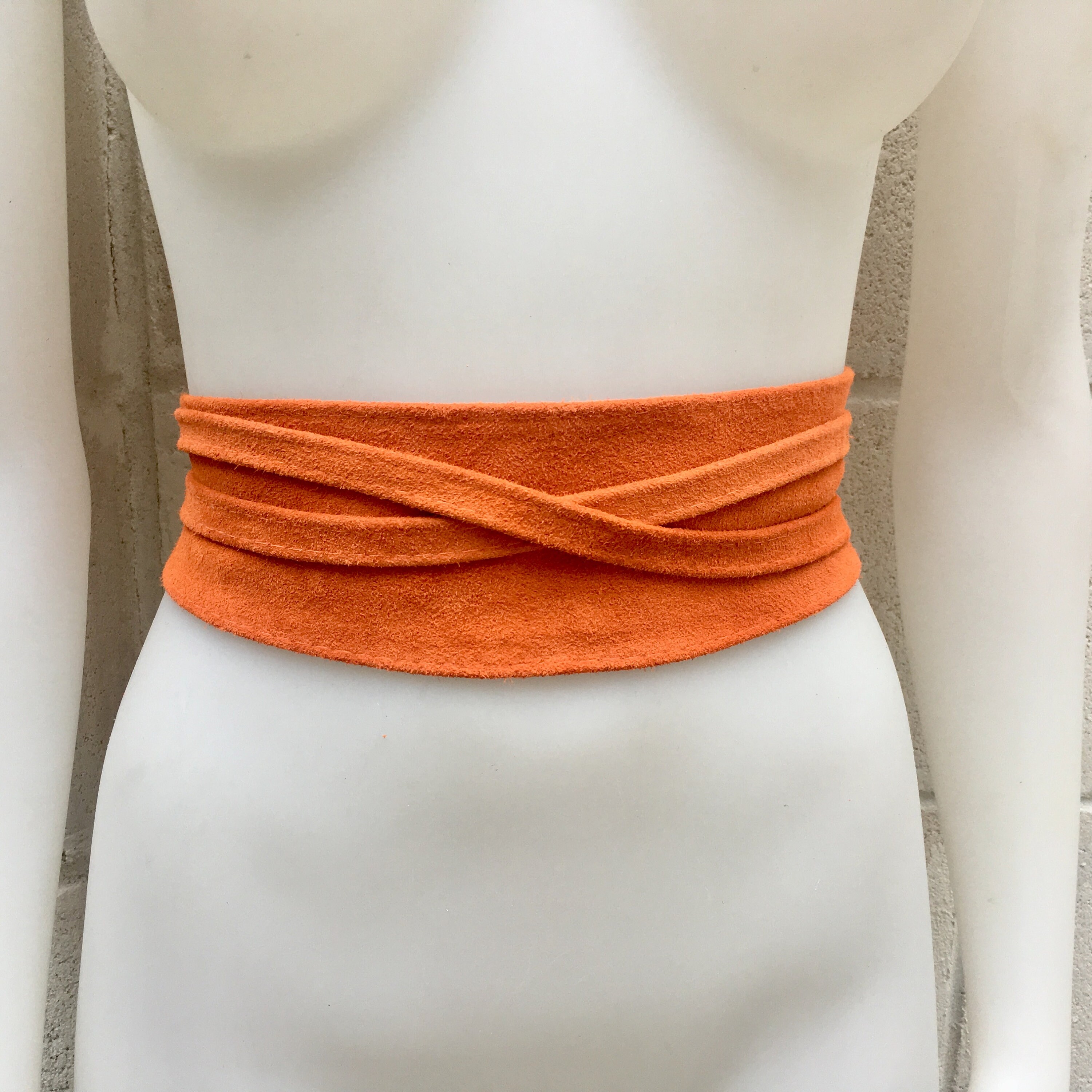 Wide Obi Belt in Suede. Wrap Belt in ORANGE. Genuine Leather 