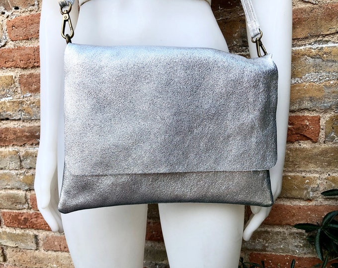 Genuine Leather Bag in SILVER. Cross Body Bag or Shoulder Bag in