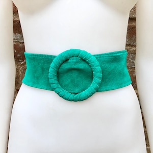 Turquoise green suede waist belt with large round buckle.Boho soft suede belt in light emerald green. Genuine naturalgreen suede leather