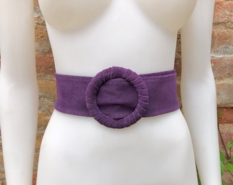 Purple suede waist belt with large round buckle. Boho soft suede belt in a dark purple shade. Genuine natural purple suede leather