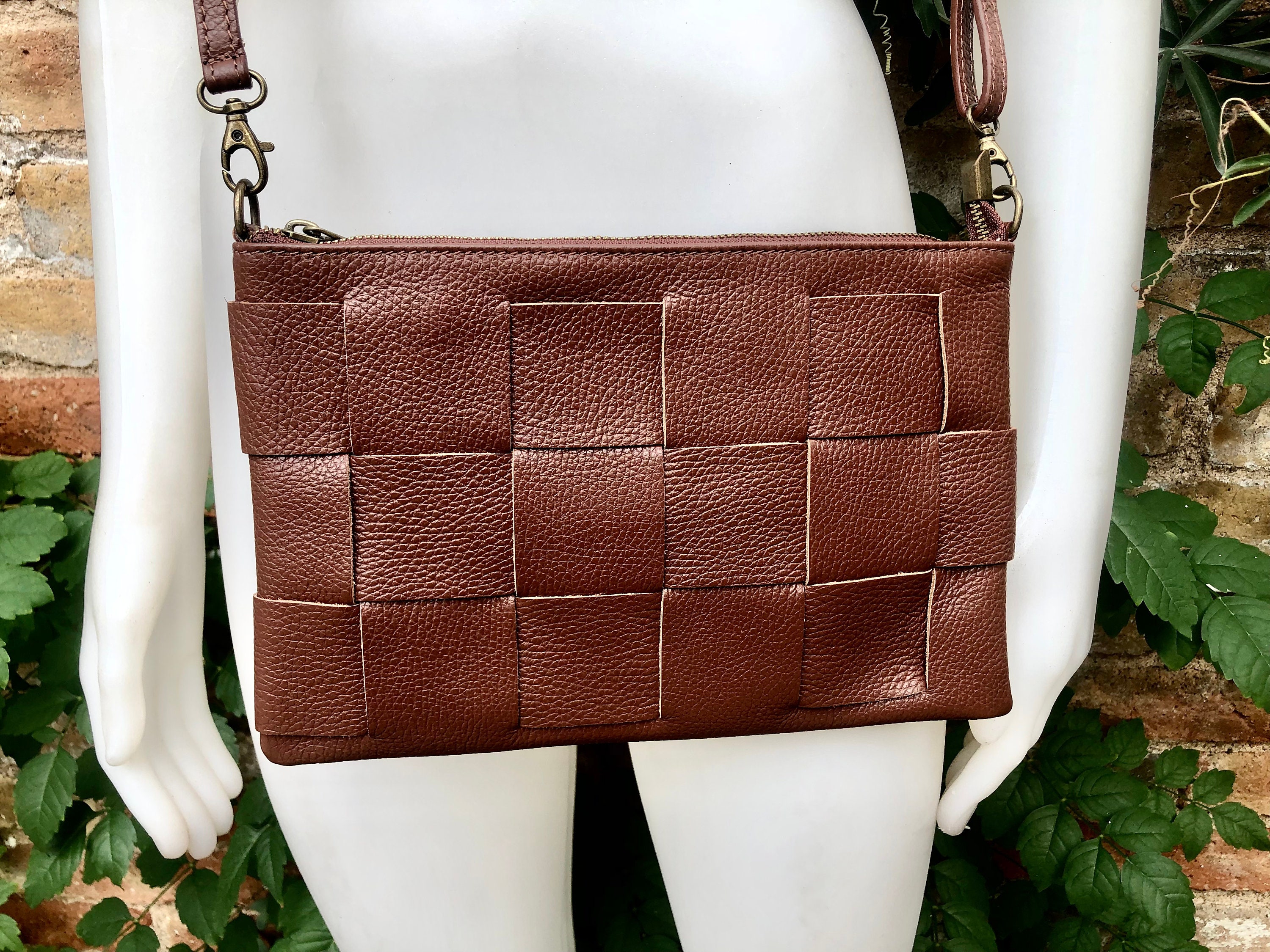 Small Leather Bag in Dark Camel Brown. GENUINE Leather Crossbody