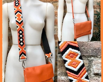 Orange leather bag. 2 straps: 1 leather + 1 guitar strap. GENUINE leather Crossbody / shoulder bag. Small orange purse with flap and zipper