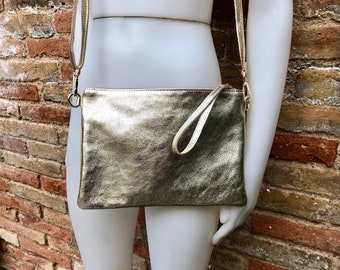 Small leather bag in GOLD .Cross body bag, shoulder bag or wristlet in GENUINE  leather. Gold  bag with adjustable strap. Gold leather purse