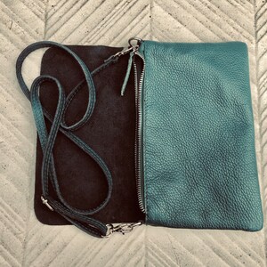 Small leather bag in teal BLUE-GREEN. Crossbody or shoulder bag in GENUINE leather. Blue purse with adjustable strap, flap and zipper. image 6