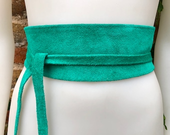 Green suede OBI belt, SASH in turquoise green natural soft  suede,waist belt, teal sash, obi, boho belt, bohemian sash, boho teal green belt