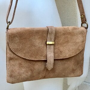 Suede leather bag in  DARK BEIGE . Crossbody bag in GENUINE  leather. Light brown  small leather bag with adjustable strap and zipper.