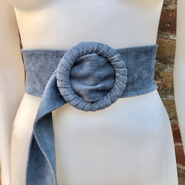 Denim blue suede waist belt with large round buckle. Soft suede belt in blue- gray color. Boho suede belt. Genuine natural suede leather