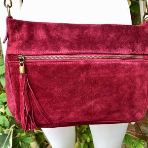 BURGUNDY crossbody suede bag. Genuine leather wine red suede bag with zippers, adjustable strap and tassel. Dark red suede purse.