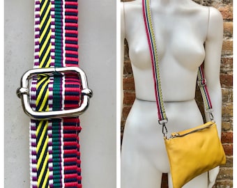 Small leather bag in mustard YELLOW with extra guitar strap. GENUINE  leather cross body bag. Yellow purse with zipper and decorative buckle