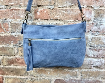 Cross body bag in SUEDE. BOHO genuine leather bag in blue-GRAY. Soft natural suede leather bag with tassels. Denim blue messenger for tablet