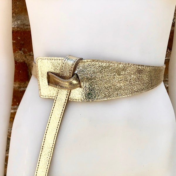 Leather 80s style obi belt . Wrap belt in GOLD.  Waist belt in genuine  leather. GOLD wraparound belt. GOLD dress belt