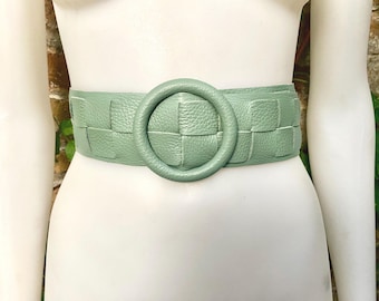 Mint Green Leather Belt. Light Green Waist Belt. Genuine 