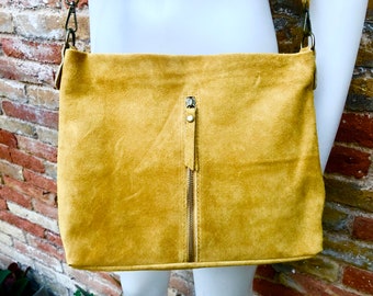 Mustard yellow  suede leather bag. Boho messenger bag. GENUINE LEATHER Cross body or shoulder bag. Yellow suede leather purse with zipper