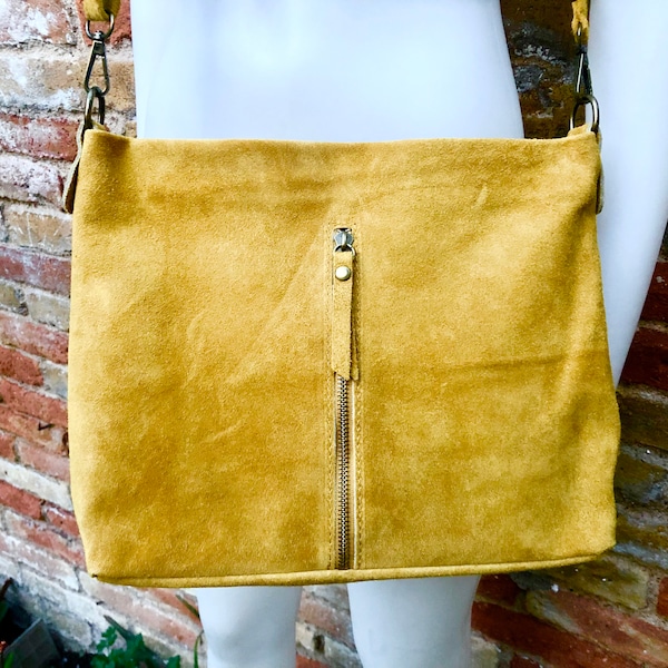 Mustard yellow  suede leather bag. Boho messenger bag. GENUINE LEATHER Cross body or shoulder bag. Yellow suede leather purse with zipper