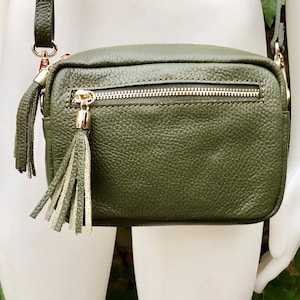 Small green leather bag. GENUINE leather shoulder or cross body bag. Khaki green leather purse with tassels, adjustable strap and zipper