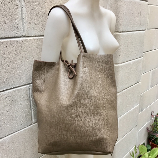 Tote leather bag in light brown. Leather shopper in dark beige. Soft natural GENUINE leather . Large taupe  bag for your laptop, books...