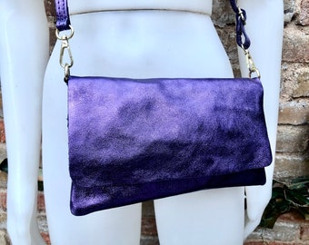 Metallic purple small leather bag. GENUINE leather crossbody / shoulder bag. Purple purse with adjustable strap + zipper underneath the flap