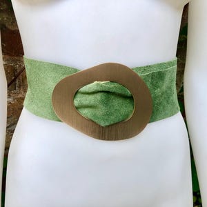 Moss green genuine suede leather waist belt with gold color large buckle. Boho soft green suede wide belt. Green wide dress /overall belt.